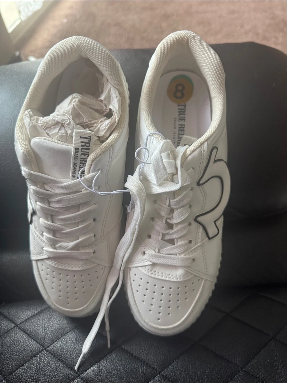 True Religion White Leather Low-Top Sneakers with Black Outline Logo